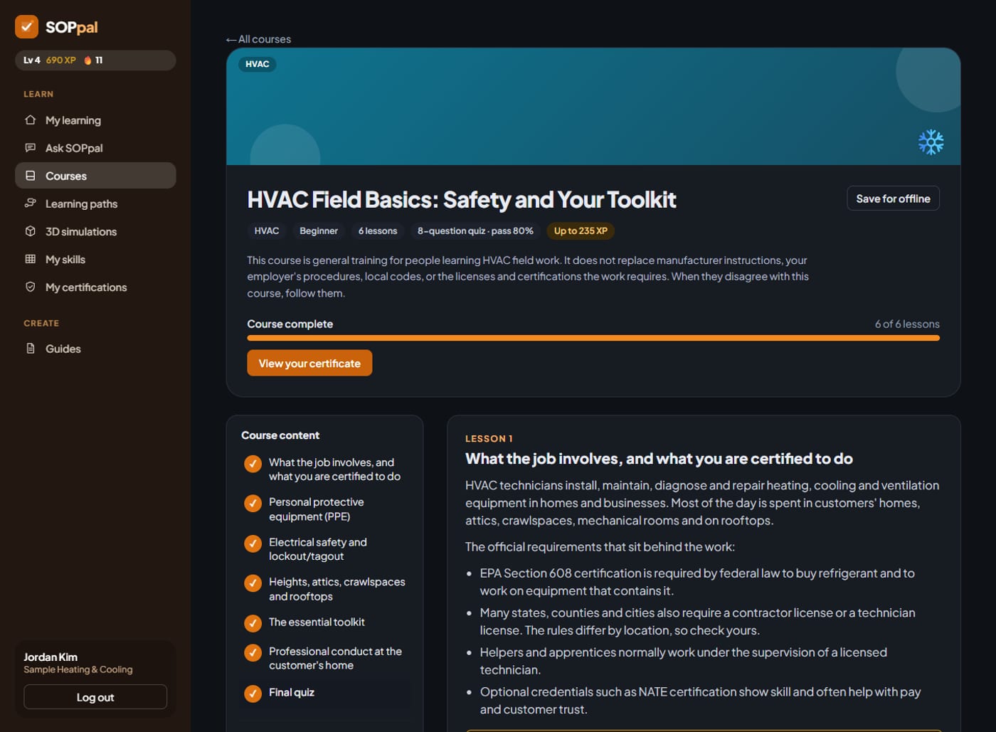 A course page with a lesson outline, progress bar and lessons