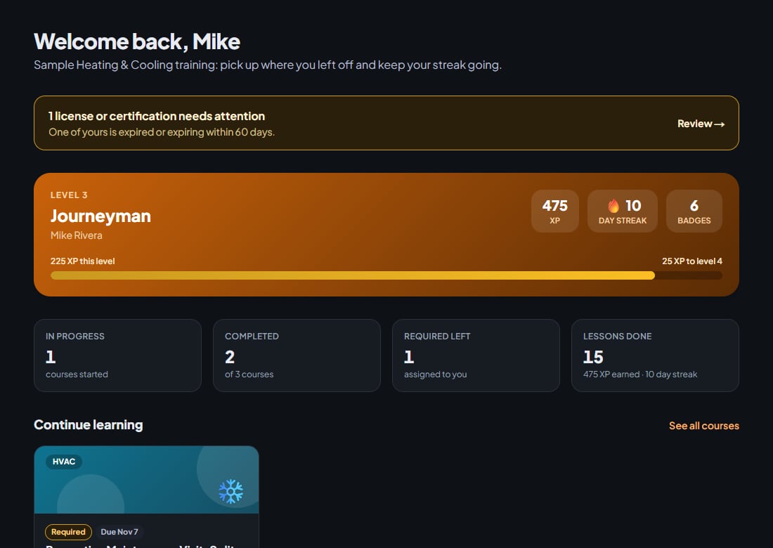 A learner's home page showing level, XP, a ten-day streak and a course in progress