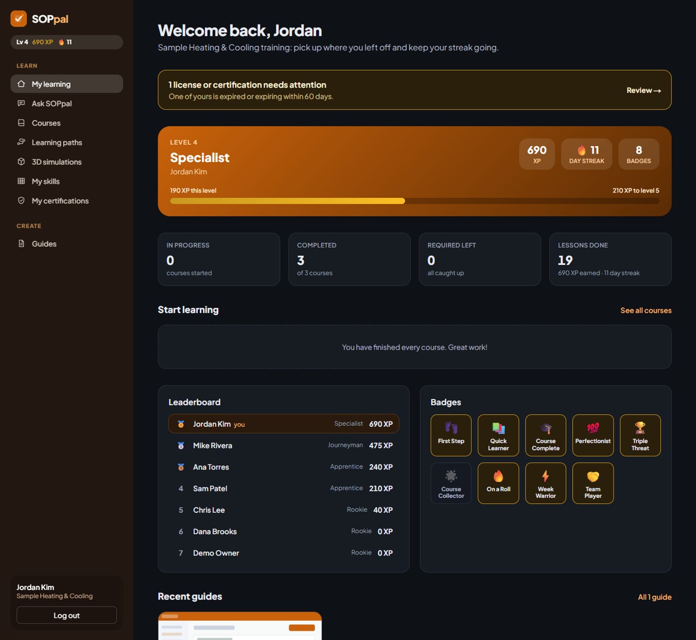 A learner's home page with level, XP, streak, badges and a leaderboard