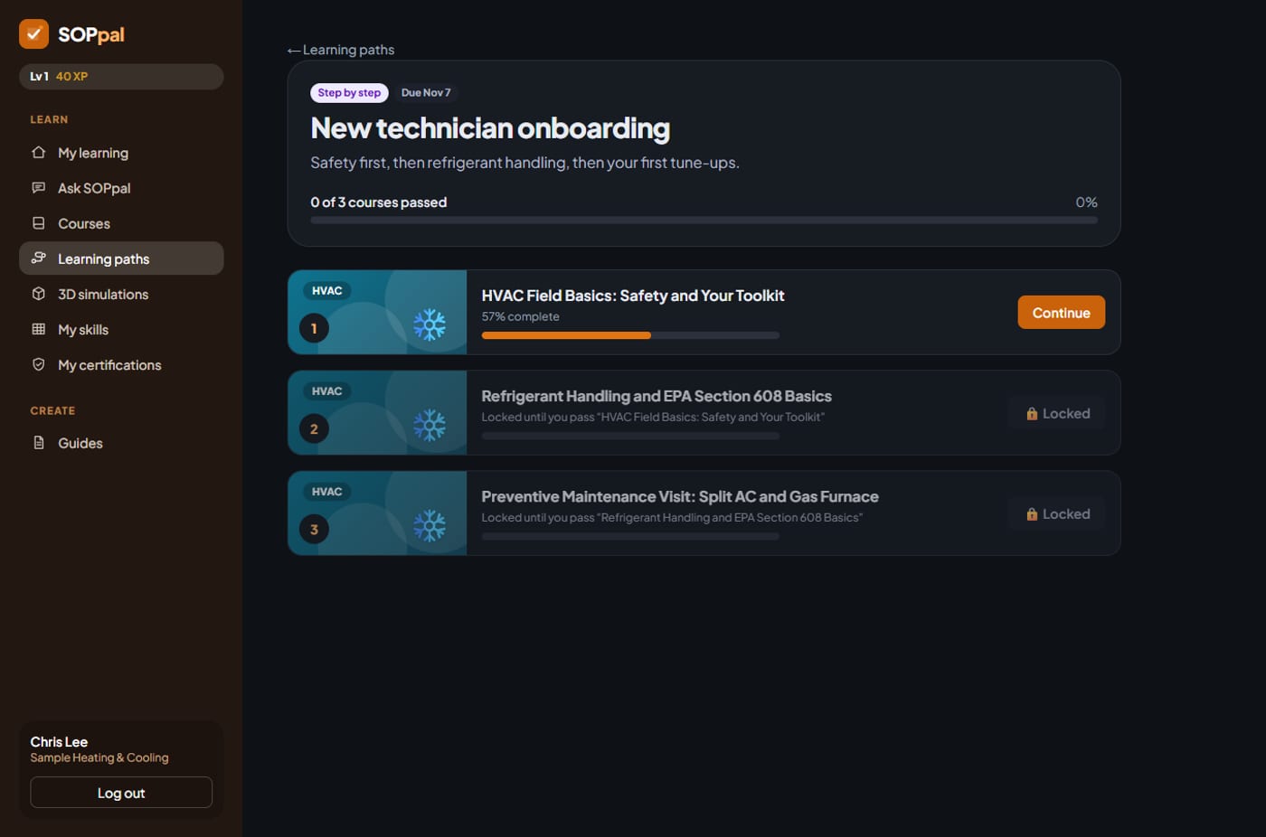 A learning path with three courses, the first open and the others locked